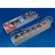 S-GSU5-1,5 GREY Cетевой фильтр серии Universal, 1,5м (Пвс 3*0,75), 5 гнезд, с/з. 10А. Защита от перенапряжения, короткого замыкания. TM Uniel.