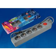 S-GSU5-5 GREY Cетевой фильтр серии Universal, 5м (Пвс 3*0,75), 5 гнезд, с/з. 10А. Защита от перенапряжения, короткого замыкания. TM Uniel.