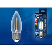 LED-C35-9W/3000K/E27/CL PLS02WH Лампа светодиодная. Форма «свеча», прозрачная. Серия Sky. Теплый белый свет (3000К). Картон. ТМ Uniel.