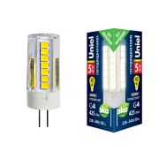 LED-JC-220/5W/3000K/G4/CL GLZ09TR Лампа светодиодная, прозрачная. Теплый белый свет (3000К). Картон. ТМ Uniel.