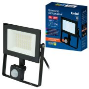 ULF-F62-50W/6500K SENSOR IP54 200-240В BLACK Прожектор светодиодный с датчиком движения и освещенности. Дневной свет (6500K). Корпус черный. TM Uniel