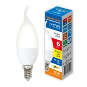LED-CW37-6W/3000K/E14/FR/DIM/SLS Лампа светодиодная, диммируемая. Форма «свеча на ветру», матовая. Теплый белый свет (3000K). ТМ Volpe