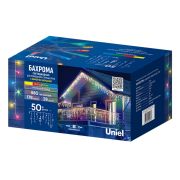 ULD-B50006-880/TTK MULTI IP44 Бахрома светодиодная с эффектом мерцания, 50м. Соединяемая. 880 светодиодов. Красный, синий, желтый, зеленый свет. Провод прозрачный. ТМ Uniel