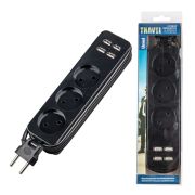 S-CT3-1,8U BLACK Удлинитель серии Travel, шнур 1,8м., 3 гнездa, 10A, б/з, 4USB(3,1A). Черный. ТМ Uniel