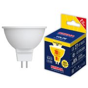 LED-JCDR-9W/3000K/GU5.3/38D/NR Лампа светодиодная. Форма «JCDR», матовая. Серия Norma. Теплый белый свет (3000K). Угол свечения 38°. Картон. ТМ Volpe