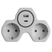 Разветвитель сетевой 2-местный с/з STEKKER ADP16-15-20, 250V, 16A и USB+Type C на 2.4А, белый/серый
