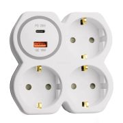 Разветвитель сетевой на 3 выхода с/з, STEKKER, 250В, 16А, USB A+Type C, 2,4А, PD, белый/серый ADP16-17-20