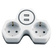 Разветвитель сетевой 2-местный с/з STEKKER ADP16-14-20, 250V, 16A и 2-мя USB выходами на 2,4А, огнеустойчивый пластик, белый/серый